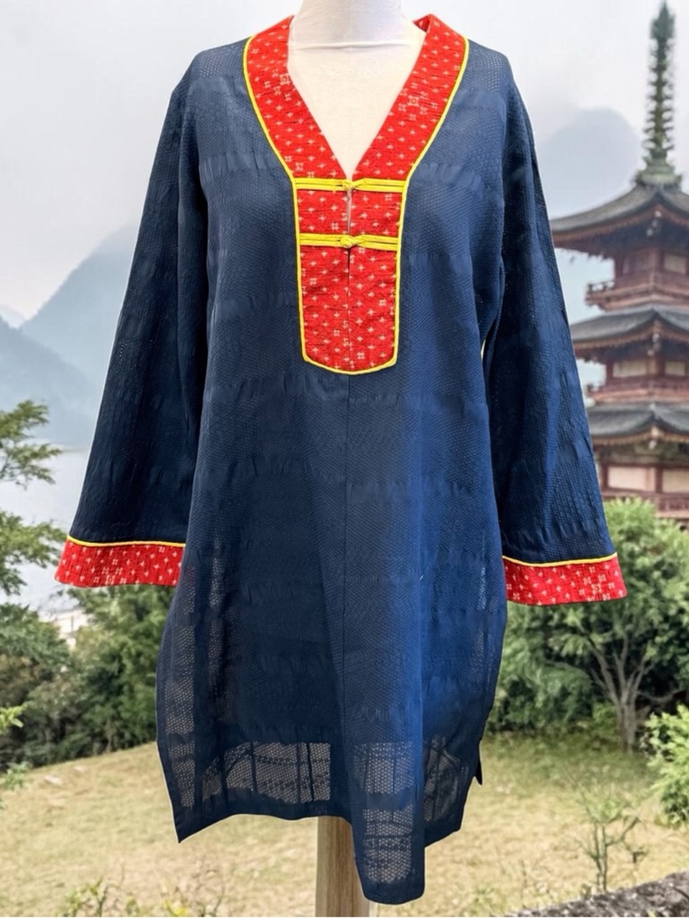 Anne Namba Asian Tunic Mini Dress Hawaii Sz M Side Slits Blue Asian Knot Buttons